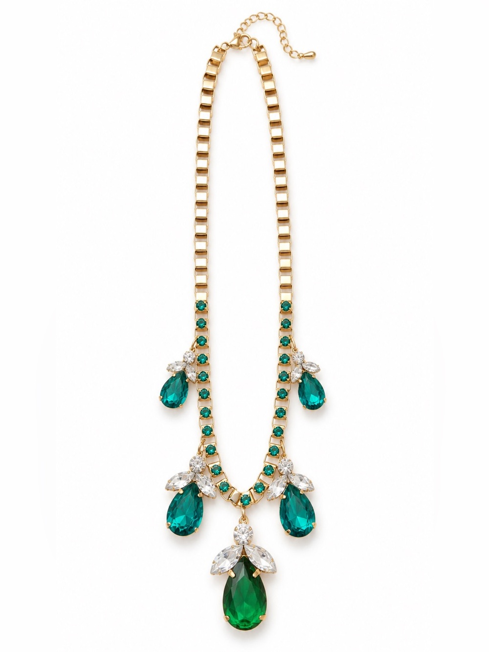 Emerald Green Statement Necklace Gold Tone Crystal Teardrop Bib Necklace Glam
